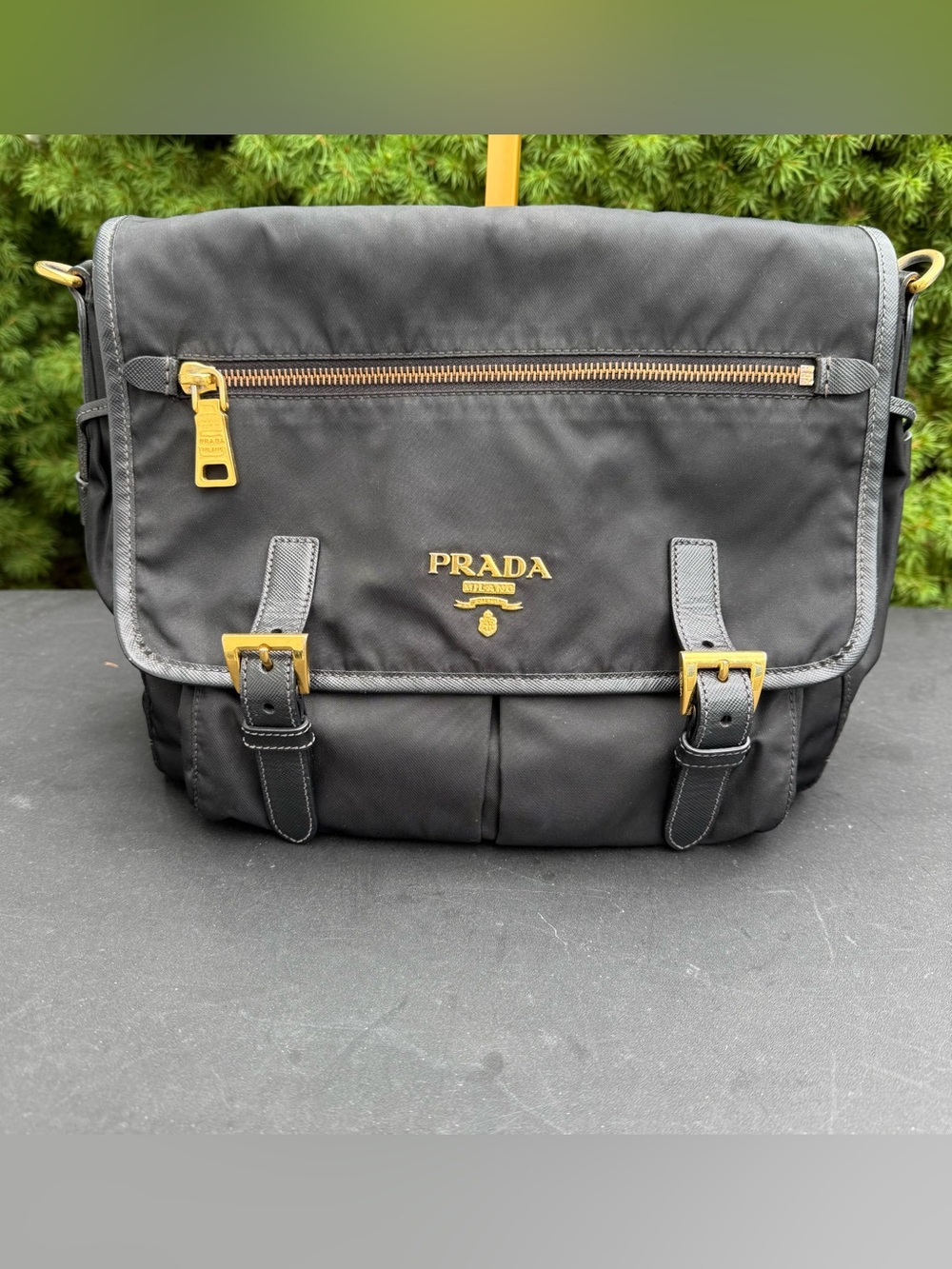 Prada Tessuto Black Nylon Messenger Bag with Gold Hardware